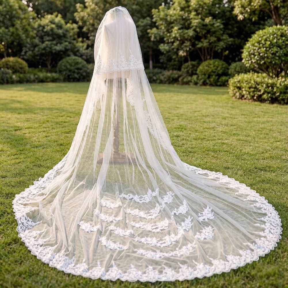 Lace Trim Cathedral Wedding Veil in Ivory
